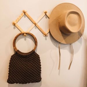 Vintage macrame clutch w/ wood handles. Boho.